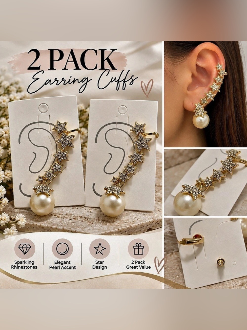Star & Pearl Earring Cuffs in Gold & White NWT